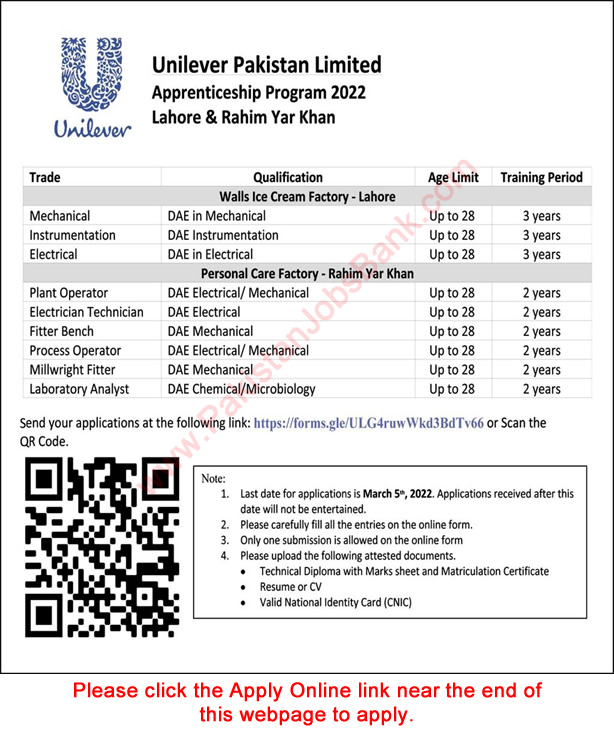 Unilever Pakistan Limited Apprenticeship 2022 February Apply Online